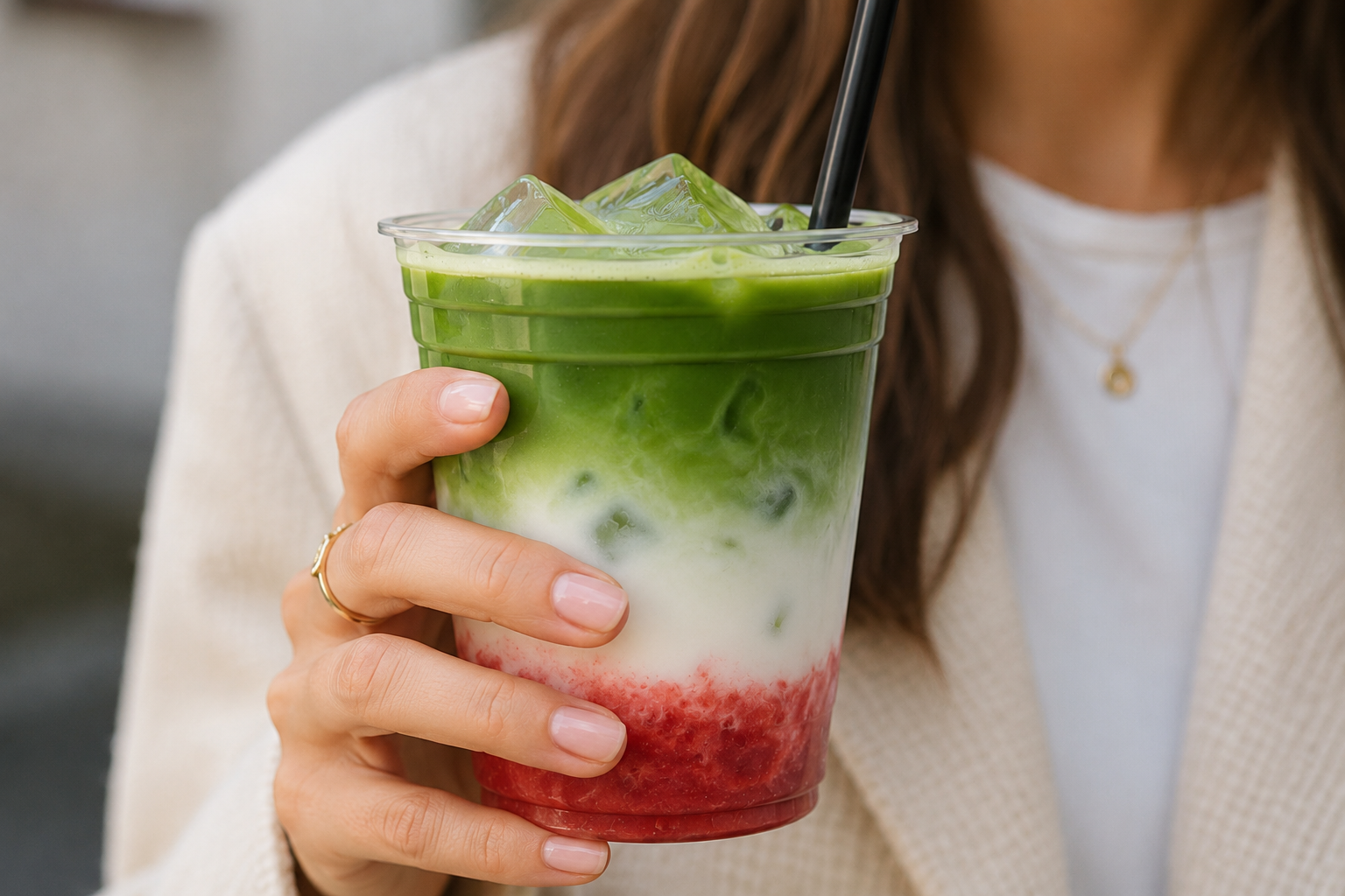 Iced Matcha mit Erdbeer-Püree im transparenten Becher